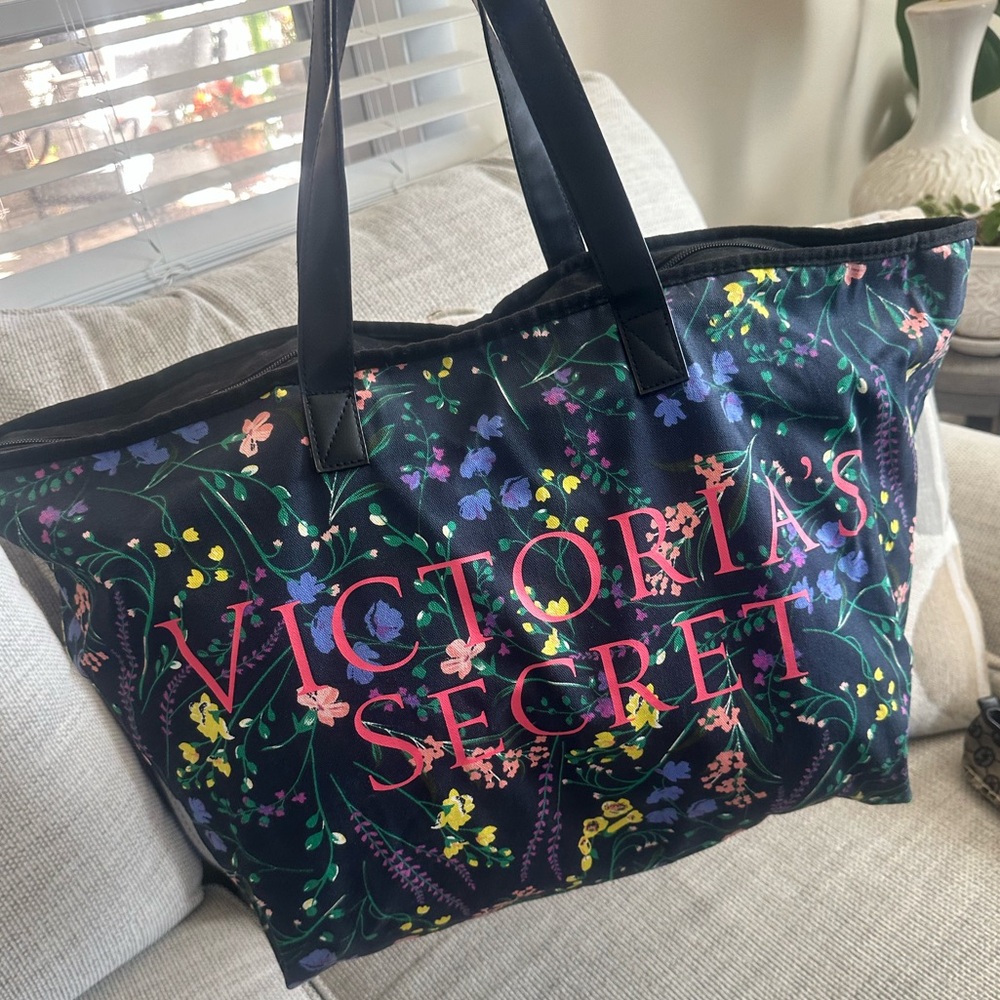 Victoria's Secret Black Zip Tote with Colorful Floral Design